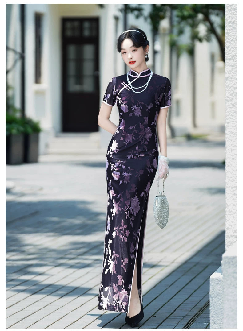 Modern purple velvet qipao gown