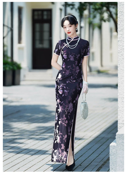Modern purple velvet qipao gown