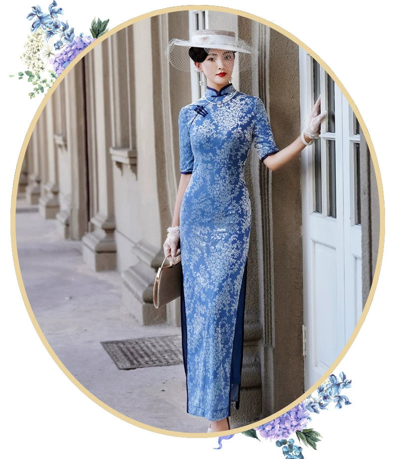 Modern blue embroidered qipao gown