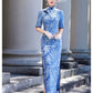 Modern blue embroidered qipao gown
