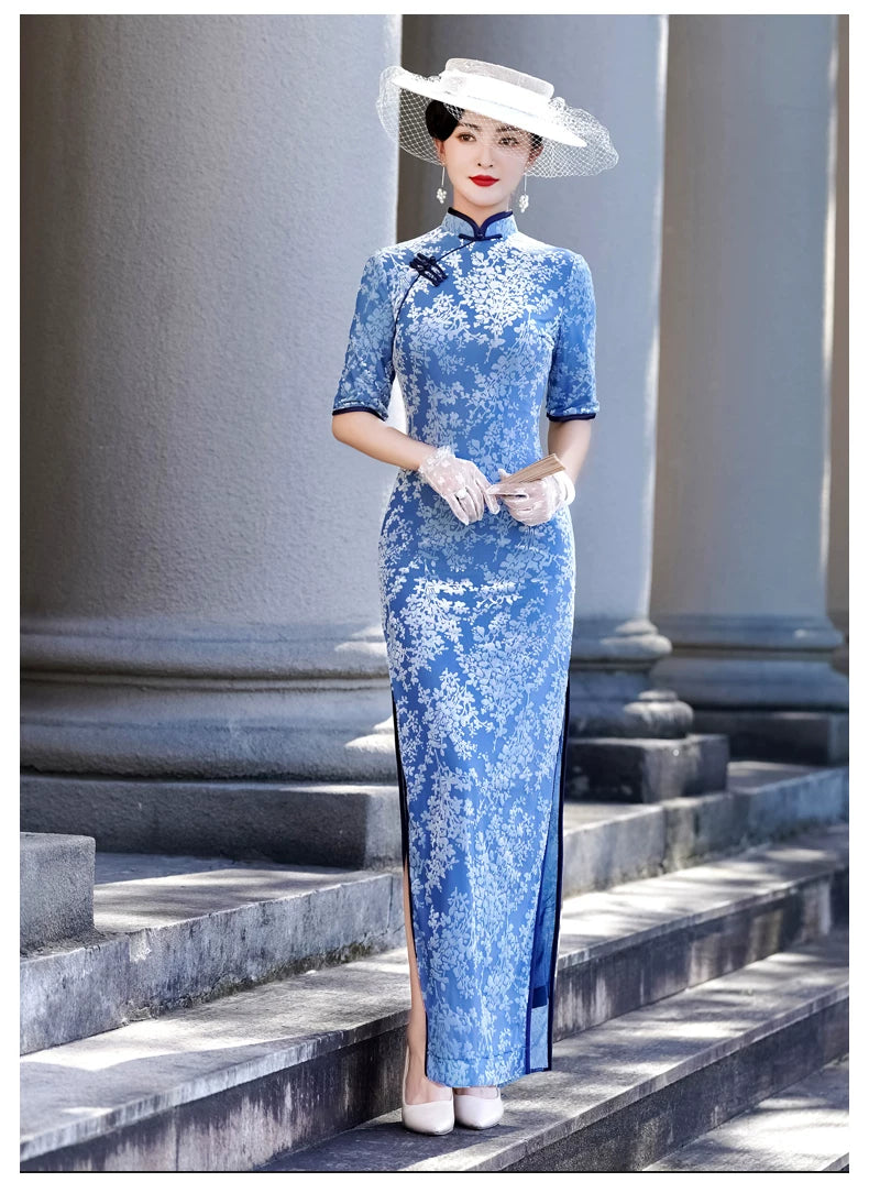 Modern blue embroidered qipao gown