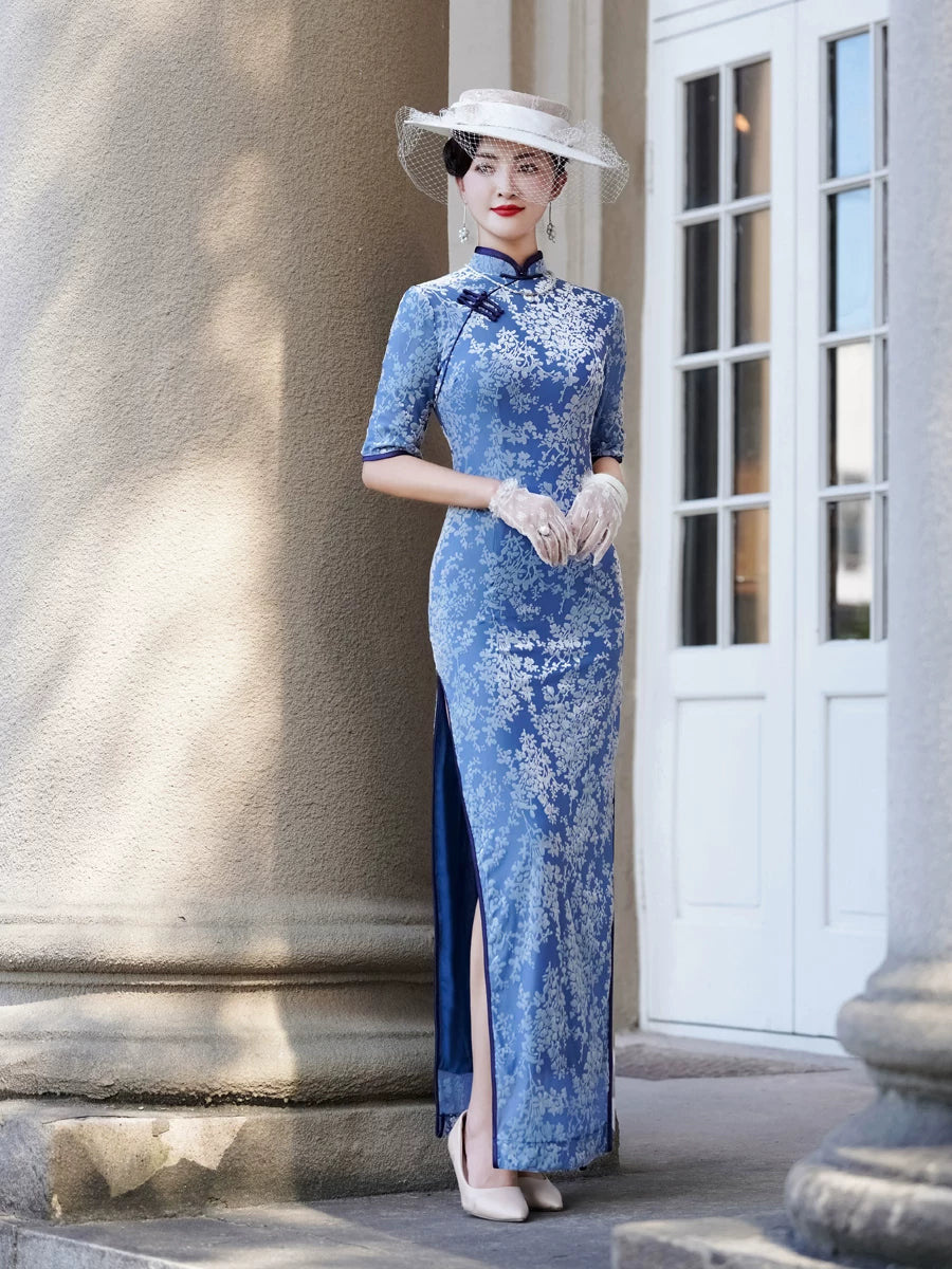 Modern blue embroidered qipao gown
