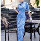 Modern blue embroidered qipao gown