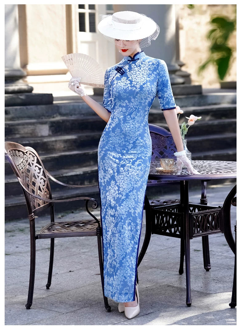 Modern blue embroidered qipao gown