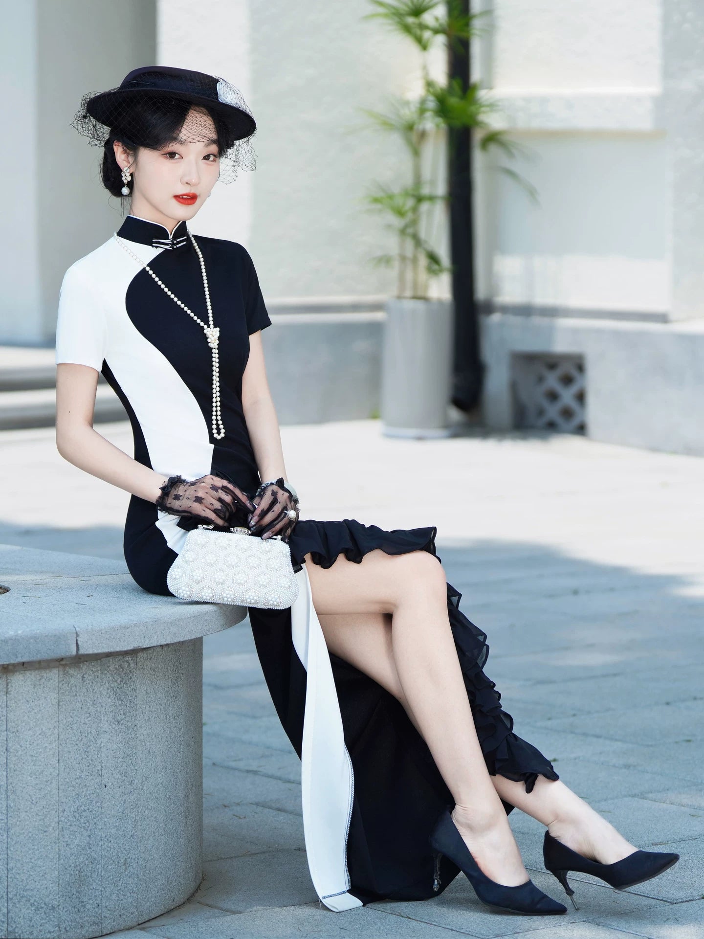 Black and white modern qipao gown for the prom