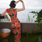 Modern qipao gown with red floral patterns