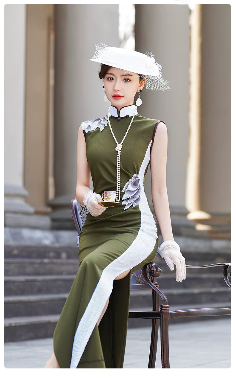 Green sleeveless modern qipao