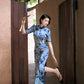 Modern Qipao Gown with Blue Floral Print