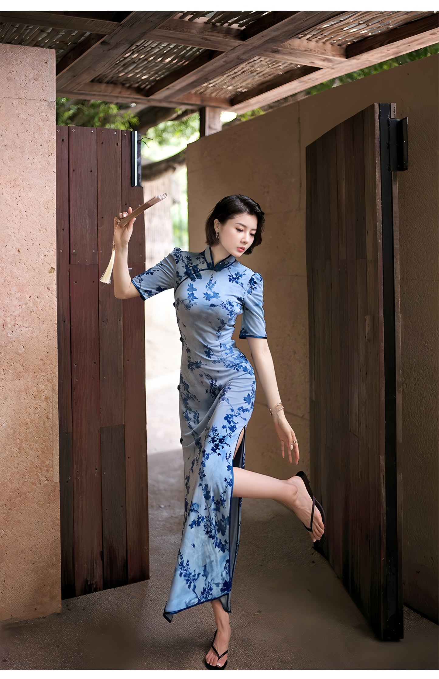 Modern Qipao Gown with Blue Floral Print