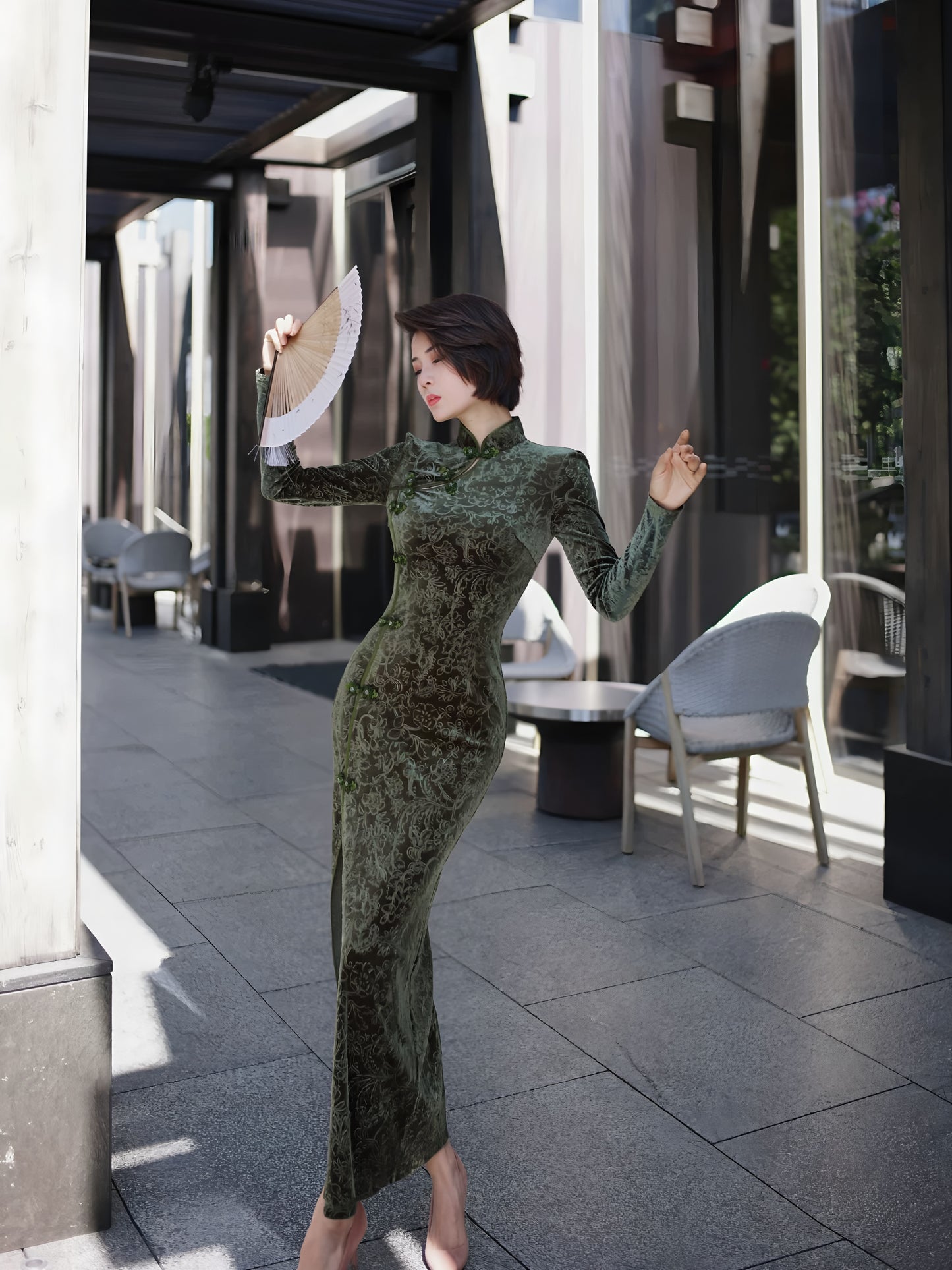 Carved velvet cheongsam dress