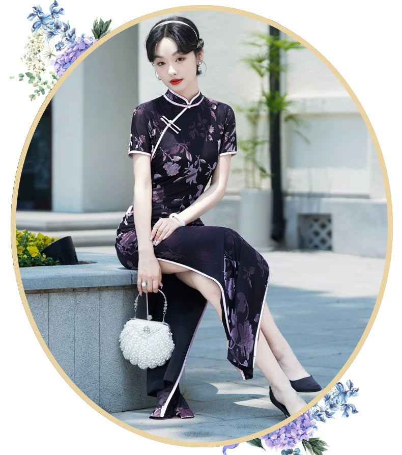 Modern purple velvet qipao gown
