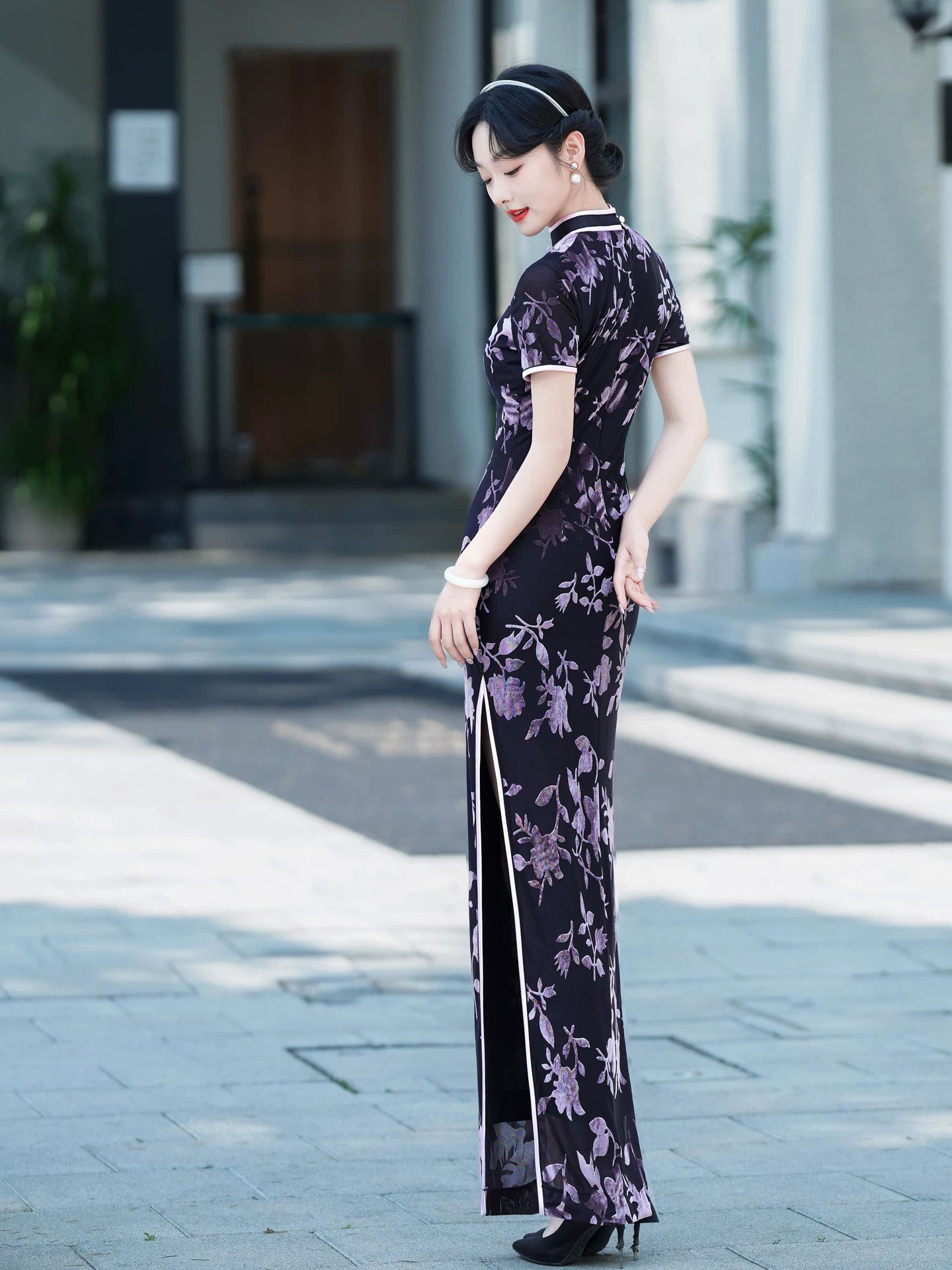 Modern purple velvet qipao gown