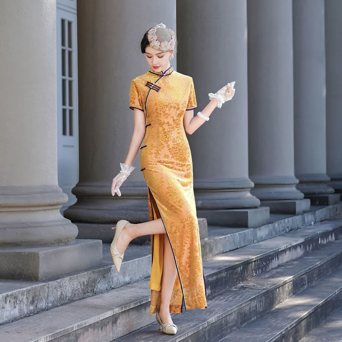 Modern purple velvet qipao gown