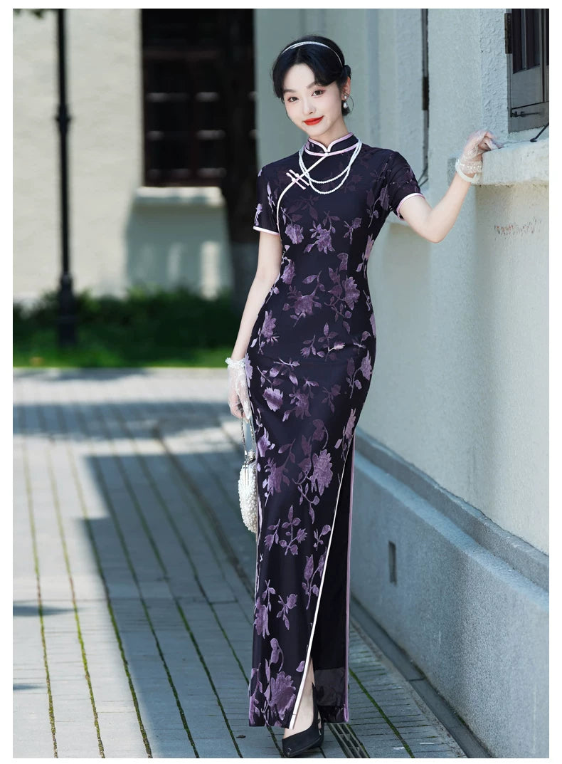 Modern purple velvet qipao gown
