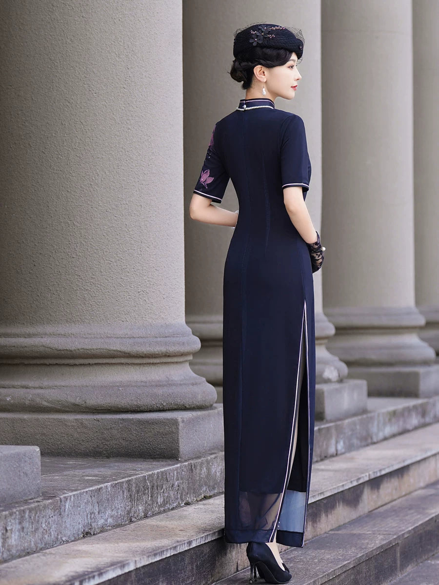 Deep blue floral qipao gown