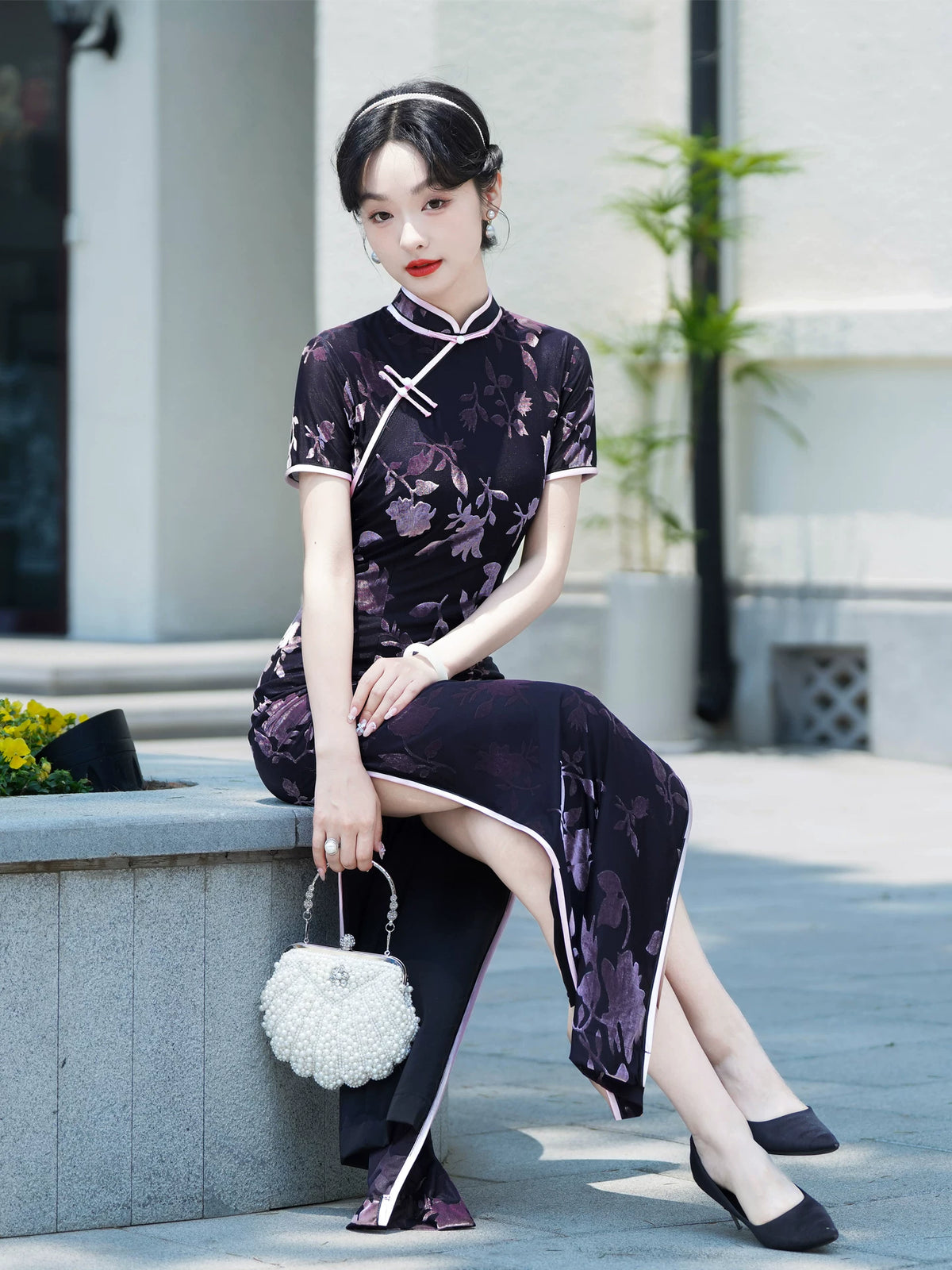 Modern purple velvet qipao gown
