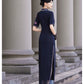 Deep blue floral qipao gown