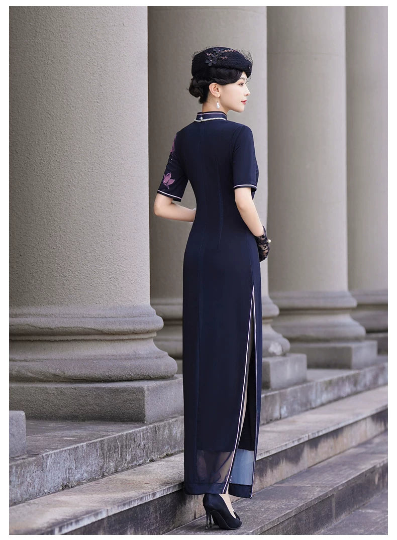 Deep blue floral qipao gown