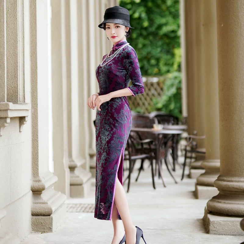 modern purple velvet qipao gown for dinner gift for her.