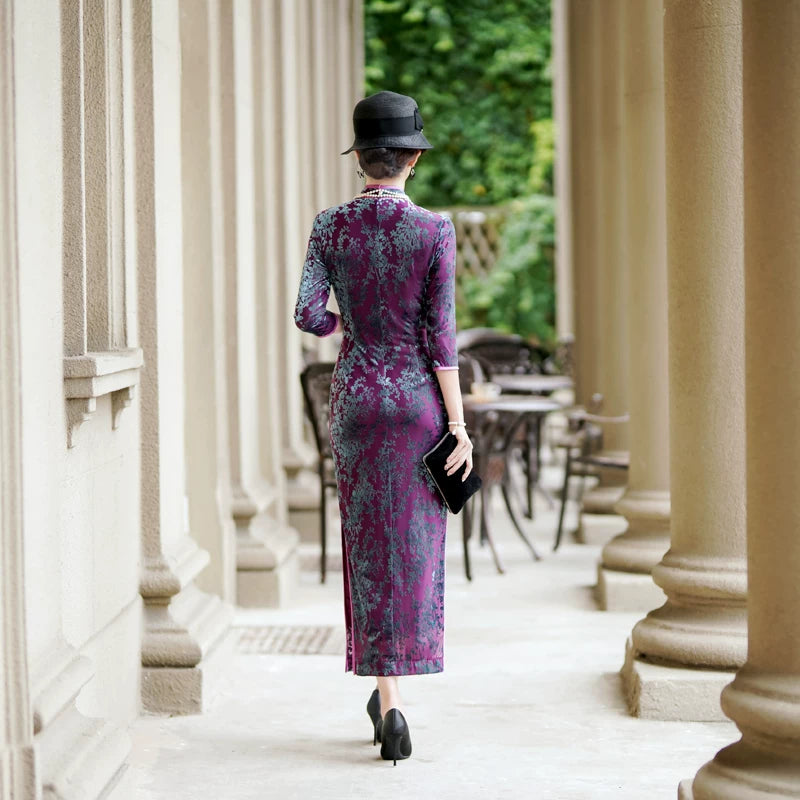 modern purple velvet qipao gown for dinner gift for her.