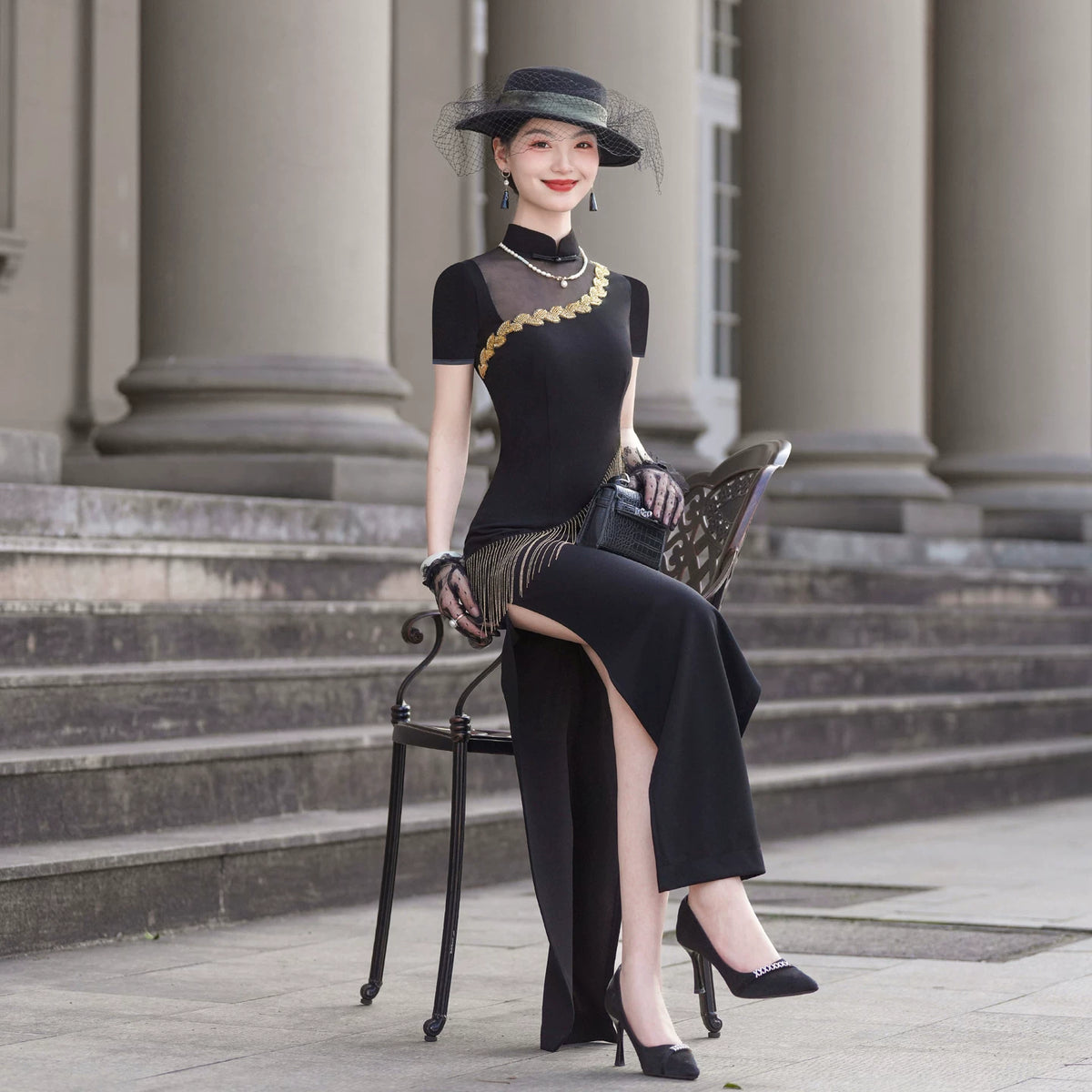 Black modern qipao gown, prom dress