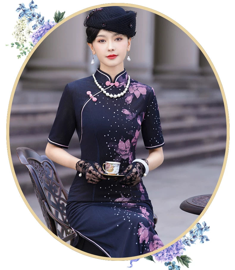 Deep blue floral qipao gown