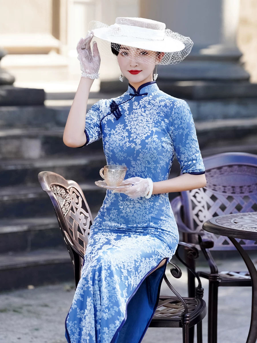 Modern blue embroidered qipao gown