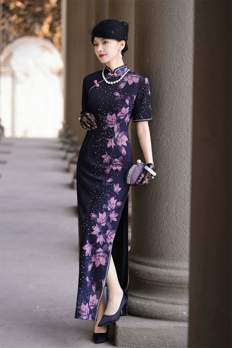 Deep blue floral qipao gown