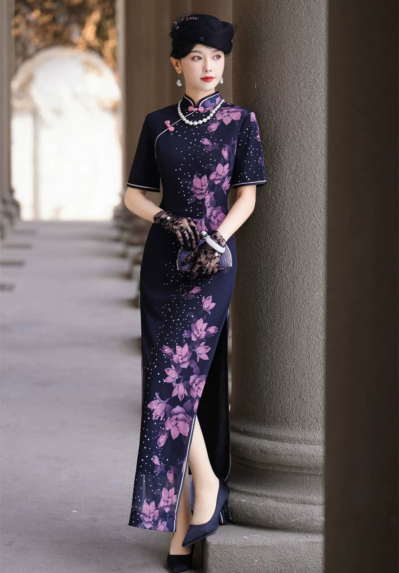 Deep blue floral qipao gown