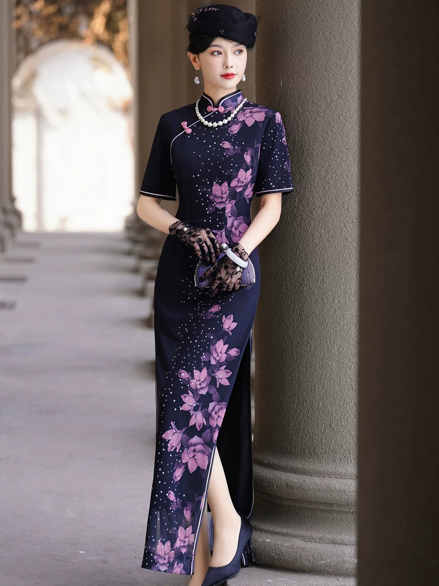 Deep blue floral qipao gown