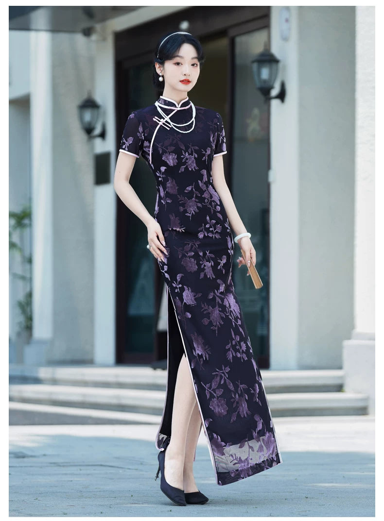 Modern purple velvet qipao gown