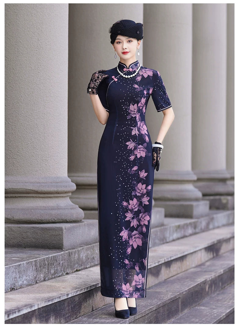 Deep blue floral qipao gown