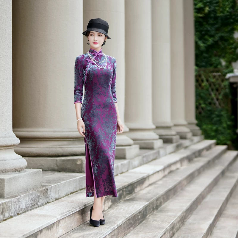 modern purple velvet qipao gown for dinner gift for her.