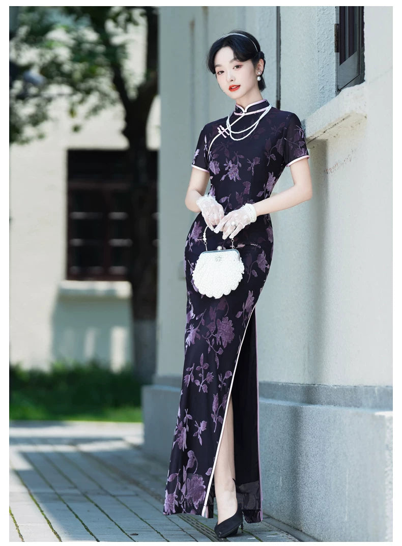 Modern purple velvet qipao gown