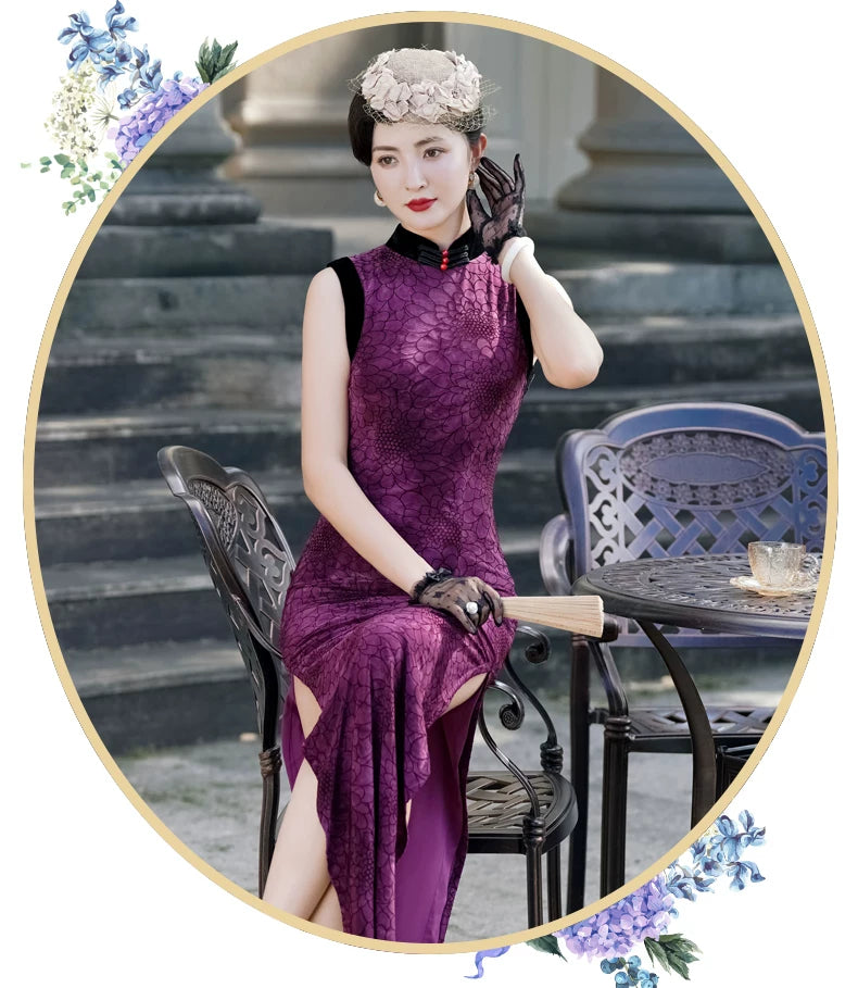 Sleeveless purple modern qipao gown
