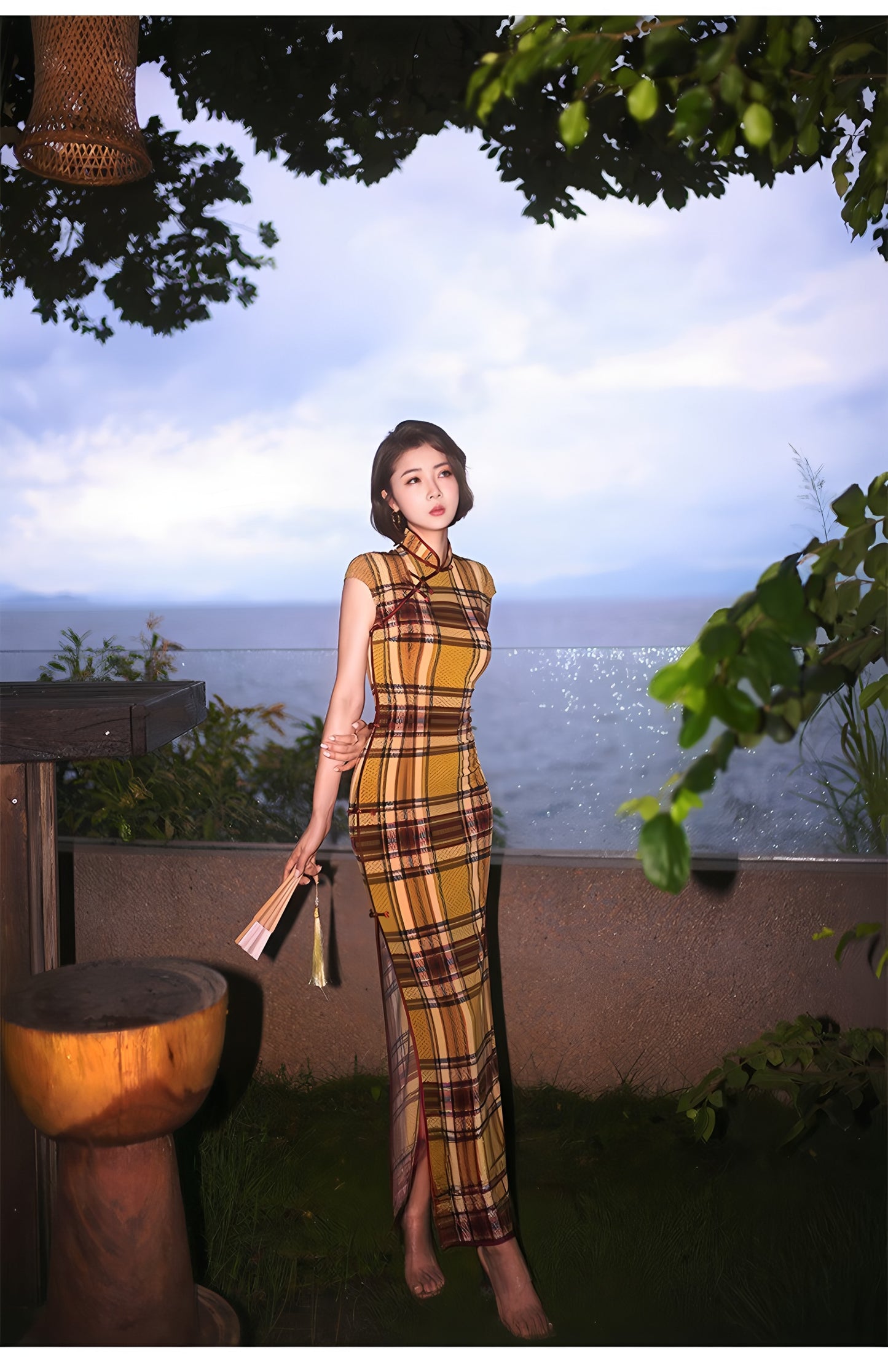 Modern qipao gown with a yellow plaid pattern