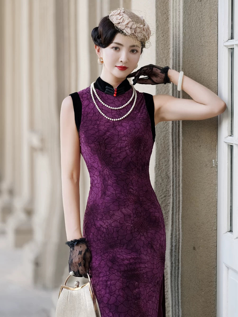 Sleeveless purple modern qipao gown