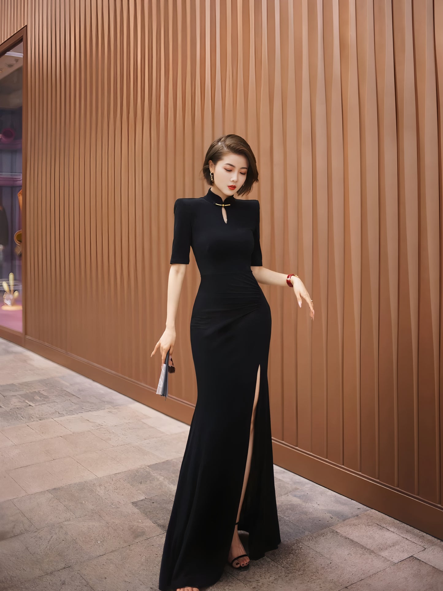 Waterdrop collar cheongsam with mid-length sleeves