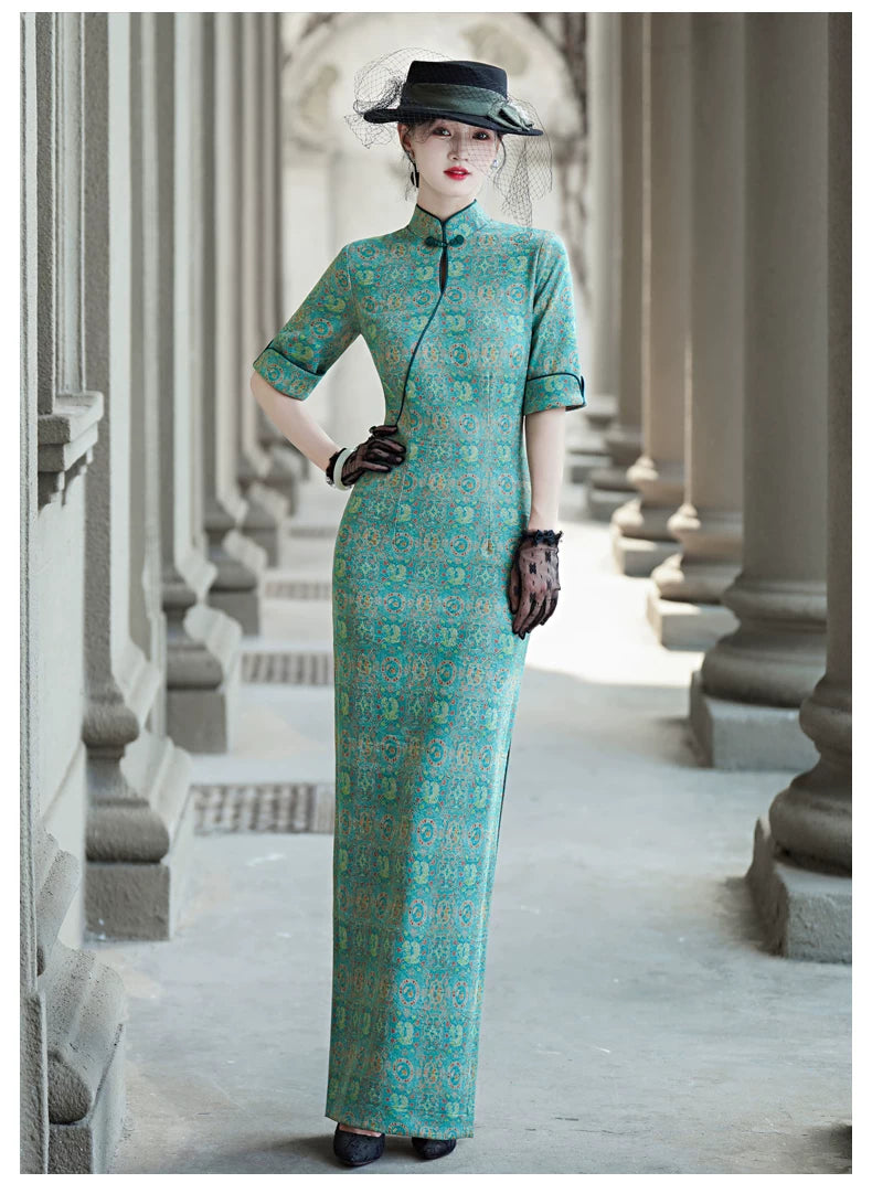 Tailoring a modern blue-green qipao gown for you.