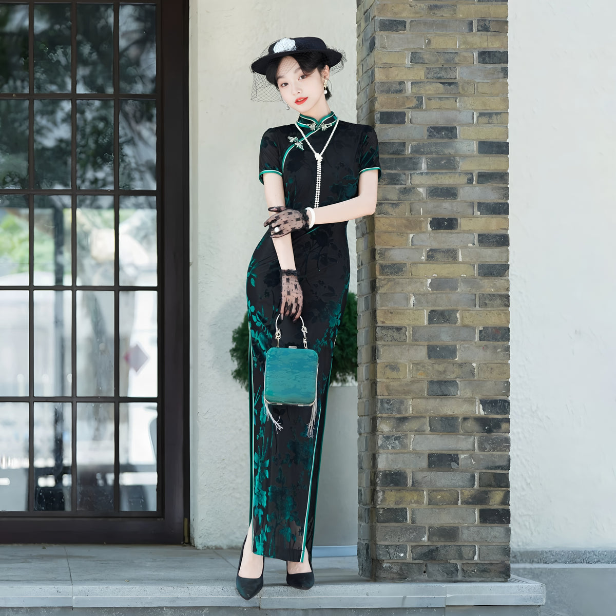 Modern purple velvet qipao gown
