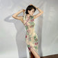 A cyan floral qipao gown for summer.