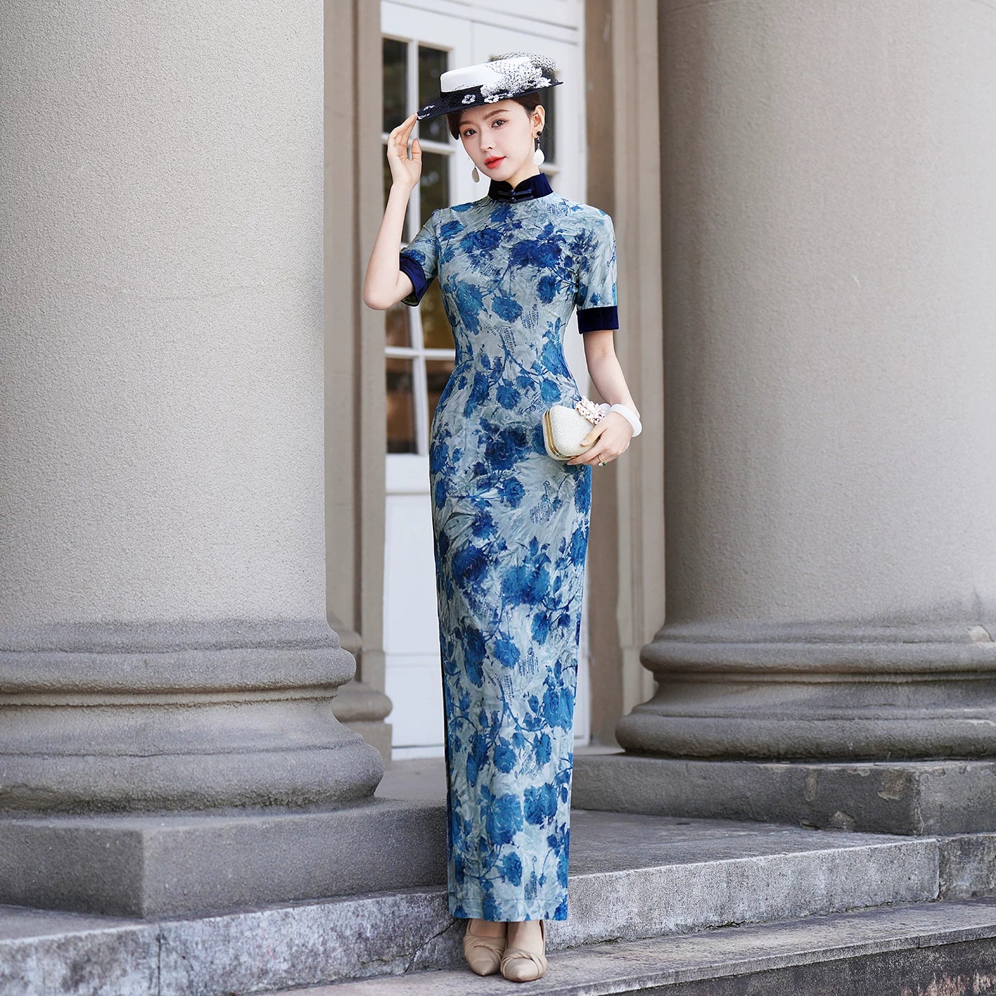 Modern qipao with a blue floral pattern