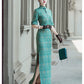 Tailoring a modern blue-green qipao gown for you.