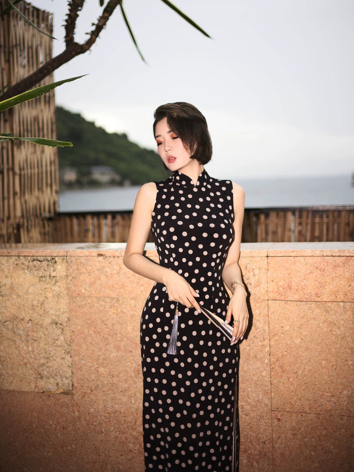 Black Polka-Dot Sleeveless Modern Qipao Gown