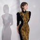 Gold sequined black velvet cheongsam dress