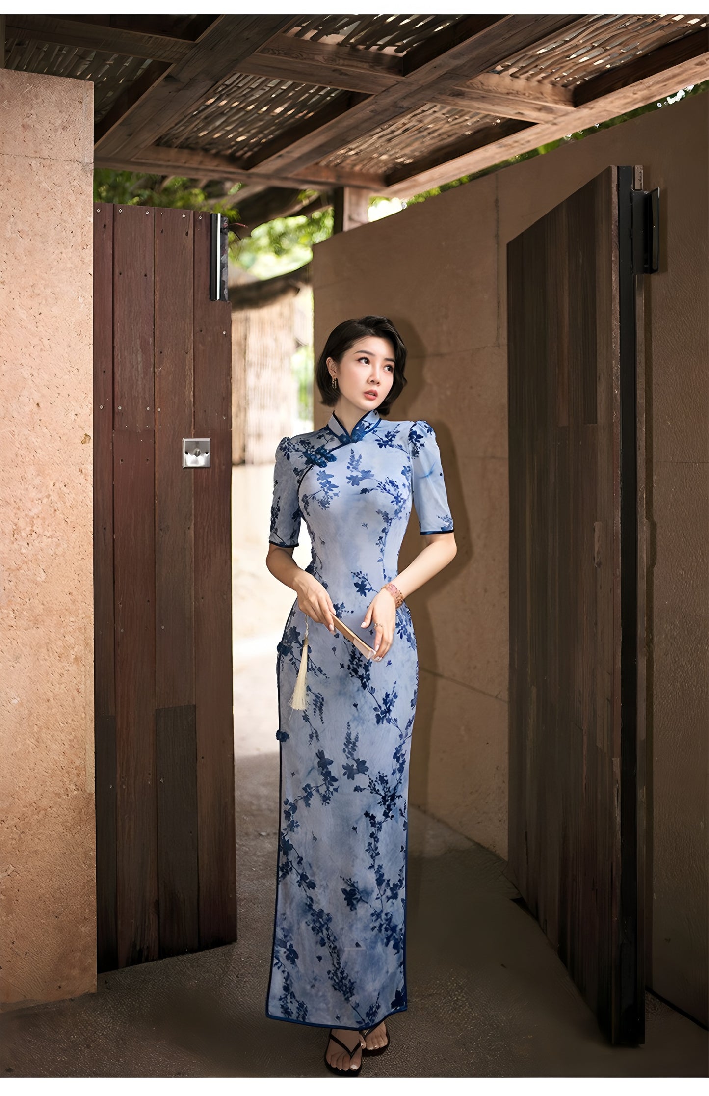 Modern Qipao Gown with Blue Floral Print