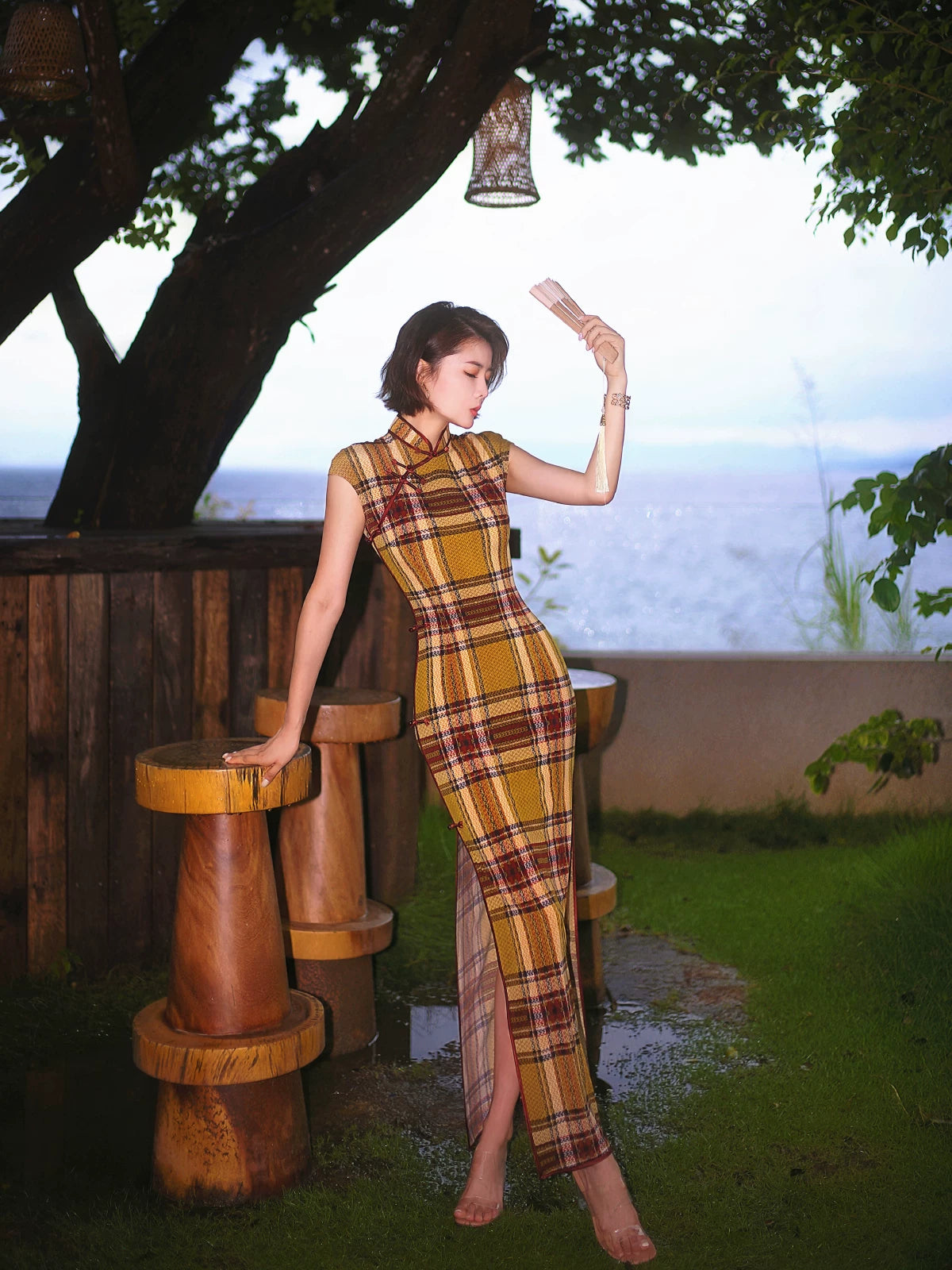 Modern qipao gown with a yellow plaid pattern