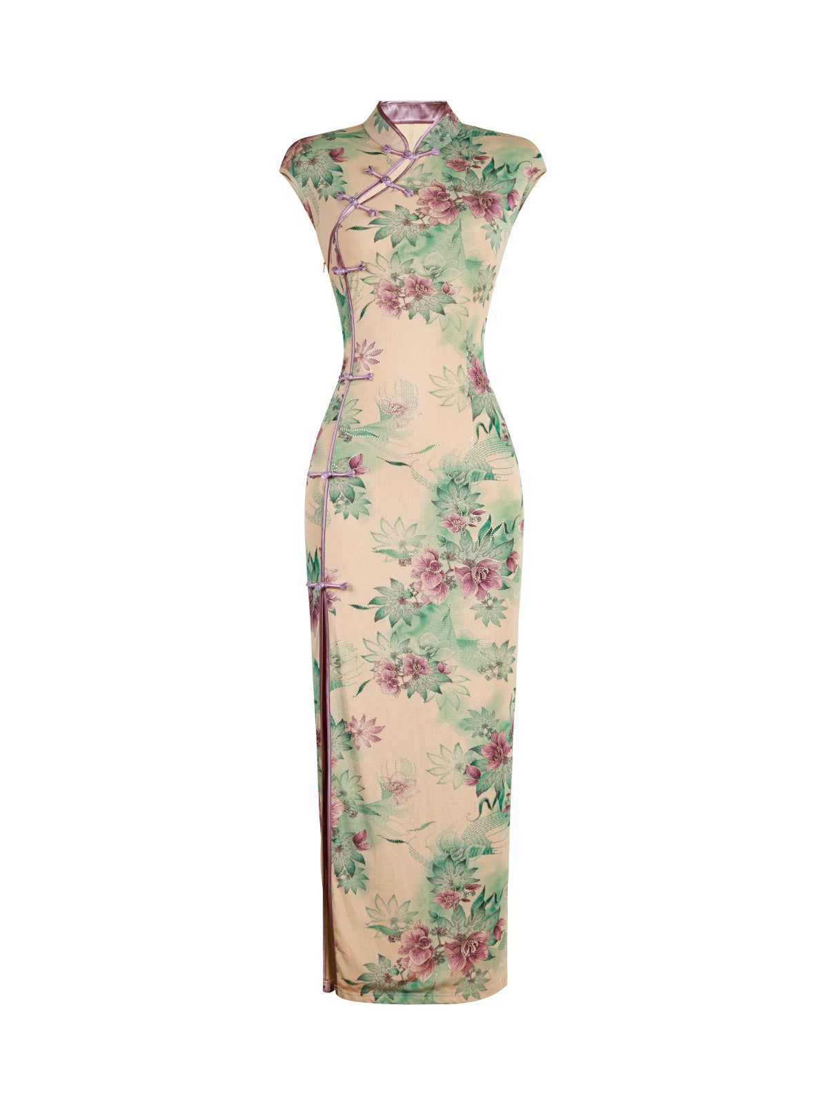 A cyan floral qipao gown for summer.