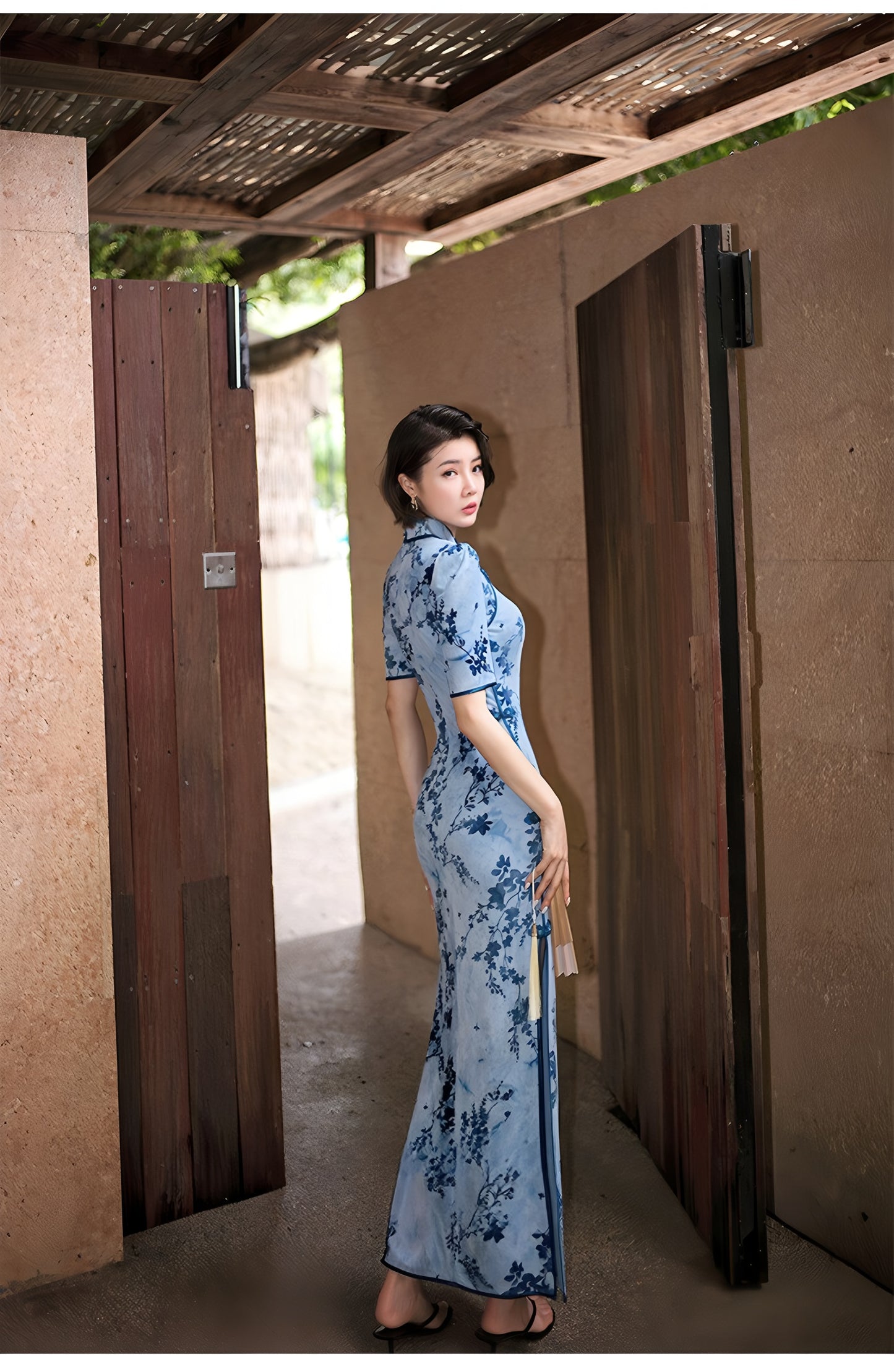 Modern Qipao Gown with Blue Floral Print