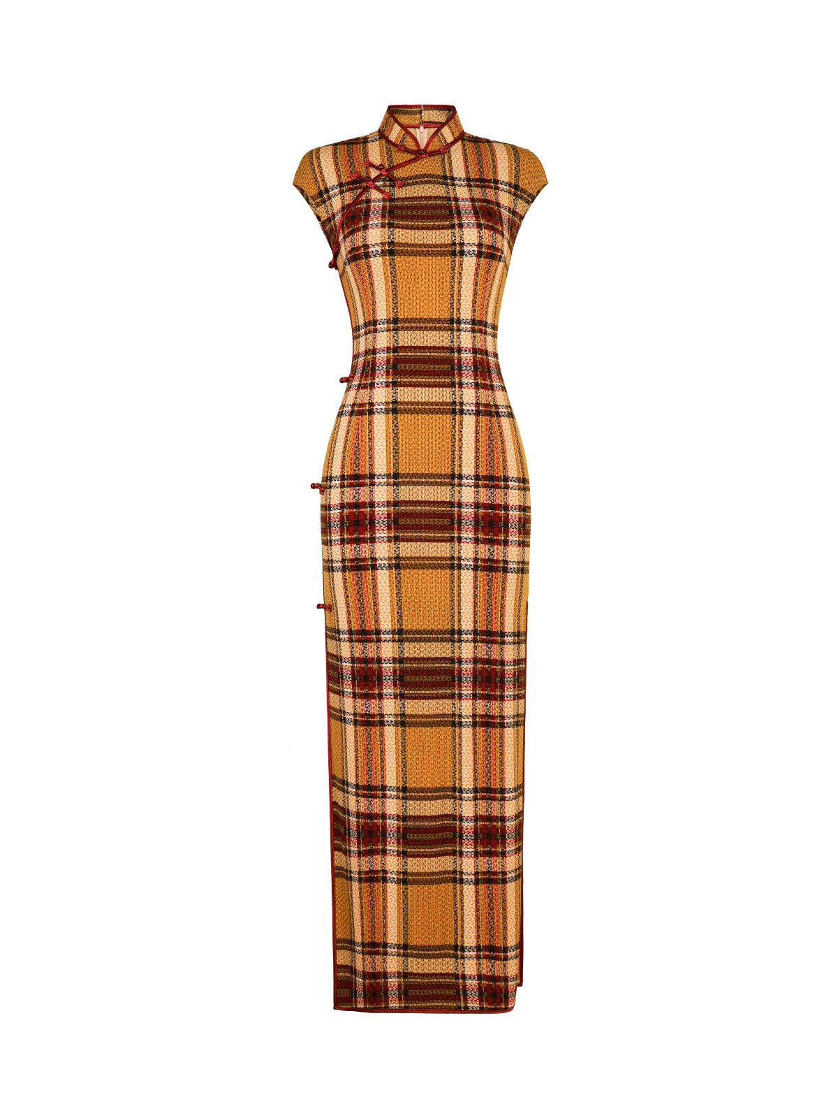 Modern qipao gown with a yellow plaid pattern